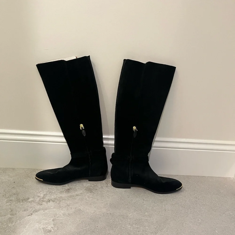 Ted Baker London ALRAMI Black Suede Knee Length Boots with gold detail